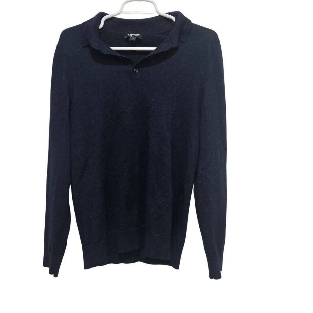 Express Merino Wool Blend Long Sleeve Polo Sweater Navy Blue Small